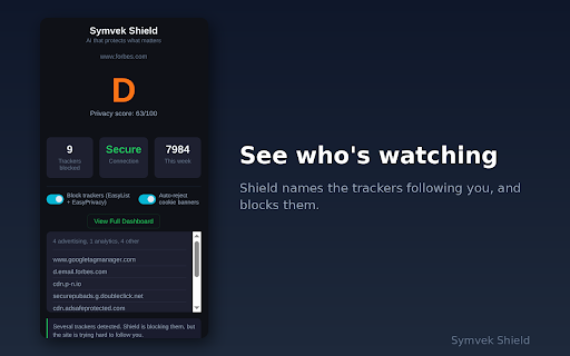 Symvek Shield: Privacy Score & Tracker Blocker :: Privacy scores for every site you visit. Blocks 22,000+ trackers, auto-rejects cookies, detects fingerprinting. Zero data collected.
