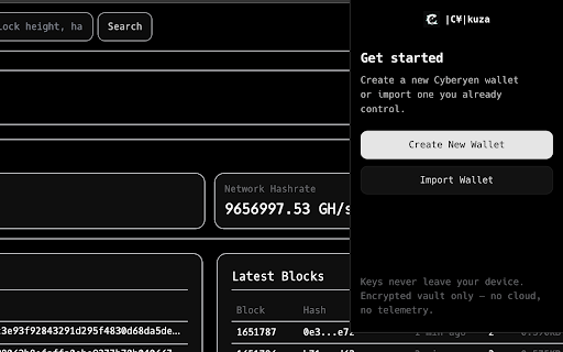 Cykuza Wallet :: Non-custodial Cyberyen wallet. Keys never leave your device. Encrypted vault ciphertext only — no telemetry, no cloud.