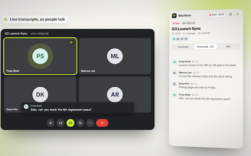 MeetNote: AI Notes for Online Meetings :: Live transcripts, AI summaries, action items and Q&A for Google Meet, Zoom, Microsoft Teams and Webex, right in your side panel.