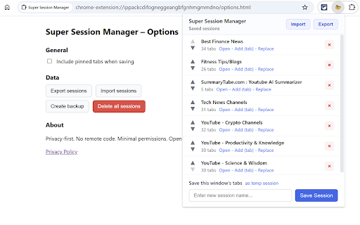 Super Session Manager :: Session Manager for Chrome helps you save, organize, restore, and share browser tab sessions easily for free.
