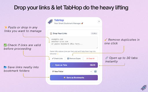 TabHop - Smart Bookmark & Tab Manager :: Import, clean, and organize bookmarks or open tabs in bulk—right in your browser. No accounts, no cloud, no fuss
