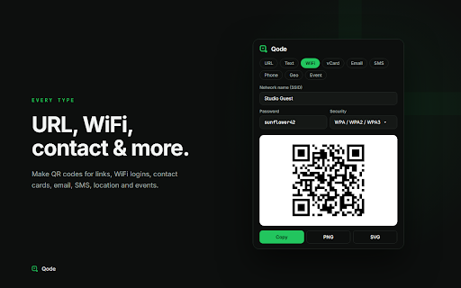 Qode — QR Code Generator & Scanner for Any Page or Text :: Generate & scan QR codes on any page. URL, WiFi, vCard, text & more. Style with colors, logo, export PNG/SVG. 100% local, no signup.