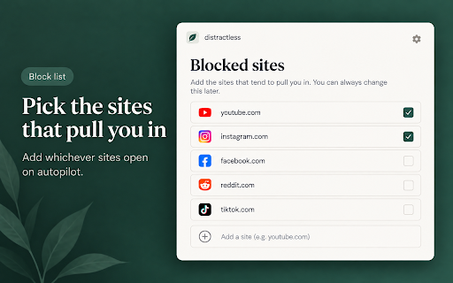 Distractless - Mindful Website Blocker :: Website blocker for Chrome that pauses instead of locking. Block distracting websites, set session limits, see a weekly summary.