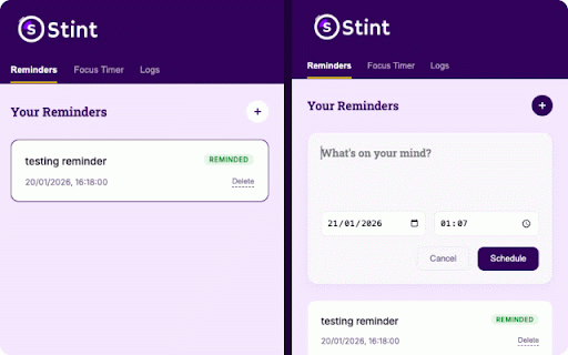 Stint | Focus. Remind. Recover. :: Boost productivity with Stint. Integrated focus timers, task reminders, and automated break schedules.