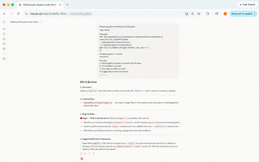 PR Explainer — GitHub Pull Request Reviewer :: Explain any GitHub Pull Request in one click. Get a summary, critical files, risks and review comments instantly.