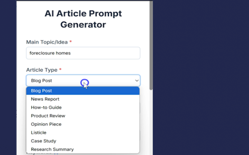 AI Article Prompt Generator :: Generates prompts for AI article creation based on user inputs.