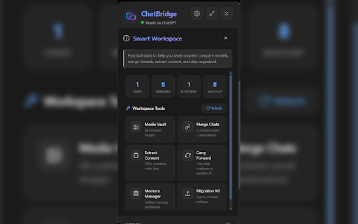 ChatBridge :: Manually scan your visible AI chat session and paste it into another AI chat. Local-only by default.