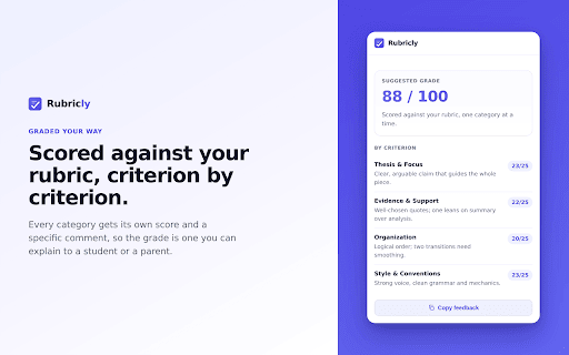 Rubricly: AI Essay Feedback for Teachers :: Fast, rubric-aligned feedback and a suggested grade on any student essay, right inside Google Docs.