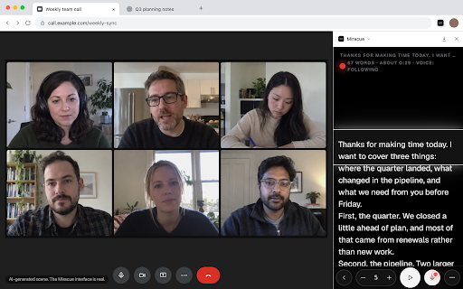 Miracue - Free Teleprompter for Video Calls, plus Blink for Shoots :: A free teleprompter that follows your voice, beside your call. Blink saves frames to your moodboard, with Pro from November.