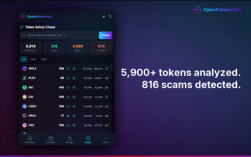 OpenPulsechain :: Token safety scores, scam detection & portfolio tracker for PulseChain. Protect your wallet before you sign.