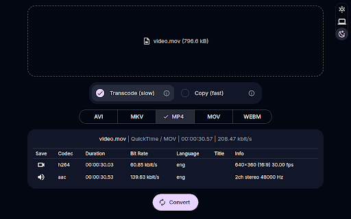 Video Converter :: Convert videos to MP4, MKV, MOV, WEBM, AVI – all locally in your browser. Fast, private, and easy to use. No uploads, no data leaks.