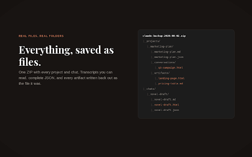 Backup for Claude: Export Projects & Chats :: Export and back up everything in Claude.ai. Save chats, projects, artifacts and files as PDF, HTML, Markdown, JSON and ZIP.