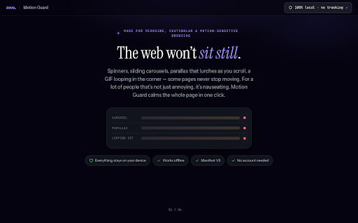 Motion Guard — Freeze Animations :: Freeze animations, transitions, JS motion, and looping GIFs in one click. Calmer pages for motion-sensitive browsing.