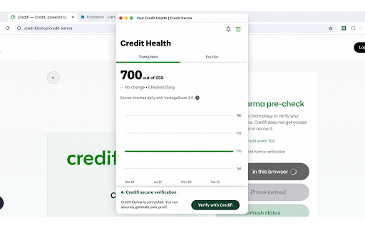 Credifi Secure Verification :: Confirm access to a Credit Karma account and a valid score before Credifi retrieves a bureau report.