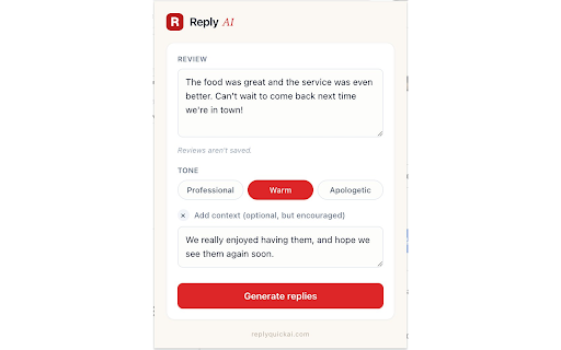 Reply AI — Review Reply Drafts :: Draft three thoughtful AI-written replies to customer reviews — in your voice. Paste, pick a tone, copy.