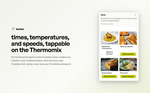 tectec recipe importer :: Save the recipe on the current page to your tectec library — even on pages behind a login. Export recipes to cookidoo.
