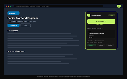 CraftMyResume — Apply to jobs 10× faster :: One-click capture any job. AI drafts a tailored email with a public resume link and opens it in Gmail, ready to send.