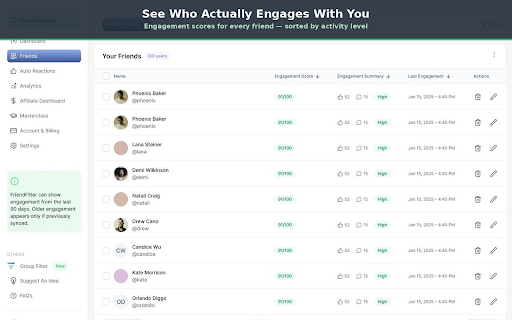 FriendFilter - Bulk Friends Remover & Engagement Tracker :: AI-powered Facebook™ friend list manager — track engagement, find inactive profiles, and bulk unfriend with one click