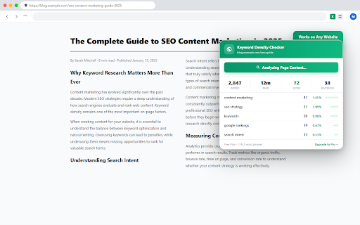 Keyword Density Checker Pro :: Analyze any webpage for keyword density, word count, readability and phrase frequency in one click. For SEO writers and marketers.