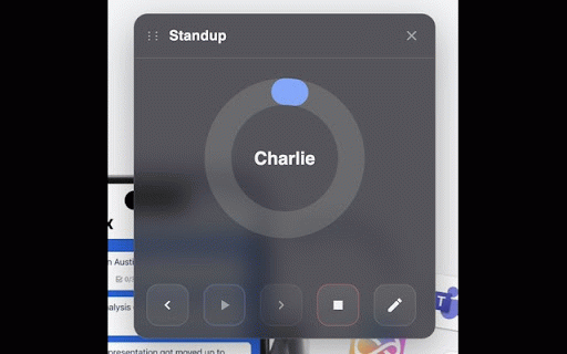 Standup Flow :: Timer overlay for daily standup meetings with team member shuffling and time tracking.