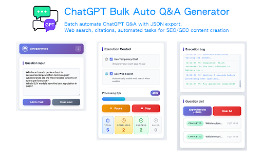 ChatGPT Bulk Auto Q&A Generator :: Batch automate ChatGPT Q&A with JSON export. Web search, citations, automated tasks for SEO/GEO content creation
