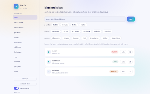 North: Focus & Distraction Blocker :: Free forever. Blocks Short Form Content, distracting sites and keywords, with schedules, time limits and an unlock you have to mean.