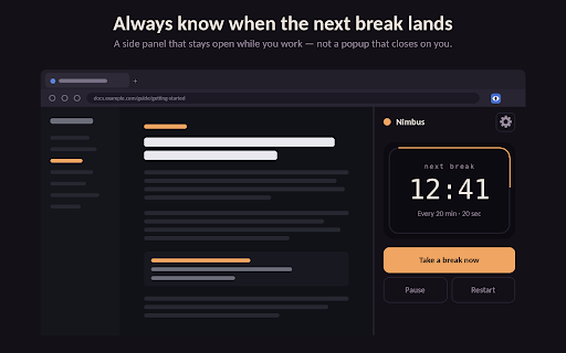 Nimbus - Eye Strain Break Reminder :: A soft glow around the edge of your browser reminds you to rest your eyes every 20 minutes. No popups, no alarms, no tracking.