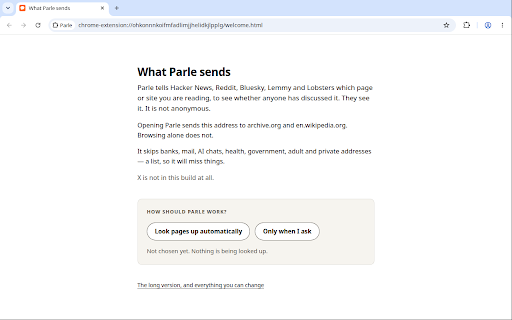 Parle :: Find public discussions about the page you are reading. Looking them up tells each discussion service the page or site.