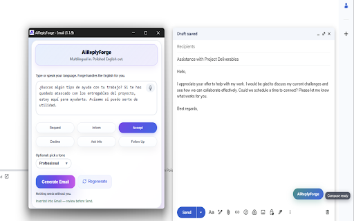 AiReplyForge :: Polished AI email for Gmail, Yahoo Mail, Outlook (web) (customize company mail url in Options) and LinkedIn.