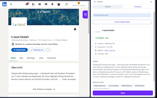Hanta LinkedIn Plugin :: Capture LinkedIn profiles and companies into Hanta CRM from the Chrome side panel.