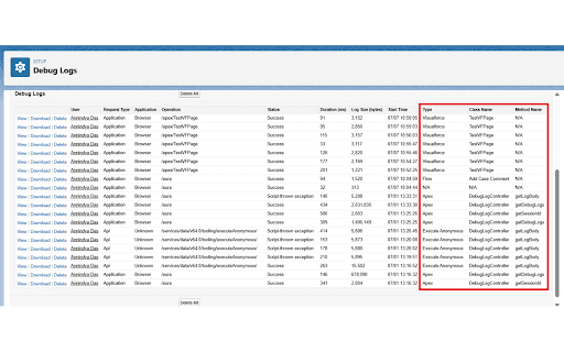 Salesforce Debug Log Enhancer :: Instantly see Execution Type, Class Name, and Method Name in Salesforce debug logs. Includes a 'Delete All Logs' helper.