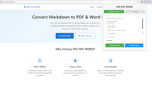 Markdown Bee :: Convert Markdown text and web page elements to PDF with one click. Features syntax highlighting, custom styles, and batch export.