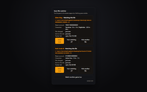 Elden Ring & Dark Souls Tracker - save file watcher :: Sends your Elden Ring and Dark Souls III save to the tracker page while you play. Nothing ever leaves your computer.
