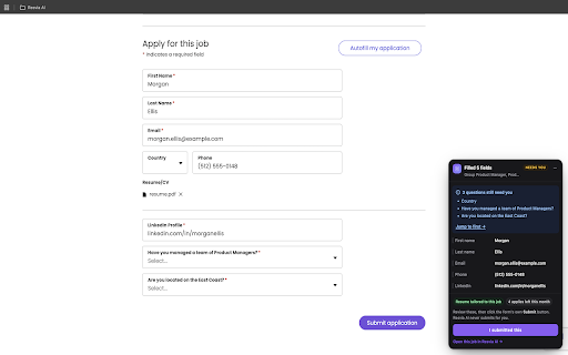 Resvia AI — Job Application Autofill :: Fills job application forms with your Resvia profile and resume. You always review and press Submit yourself.
