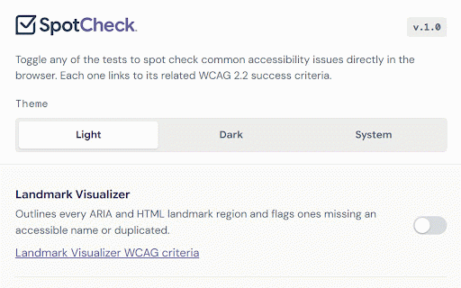 SpotCheck: Accessibility Toolkit :: Toggle any of the tests to spot-check common accessibility issues. Each one links to its related WCAG 2.2 success criteria.