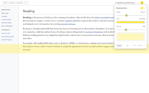 Reading Ruler :: A horizontal highlight that follows the mouse to help you focus on a single line while reading. Useful for ADHD, dyslexia, students.