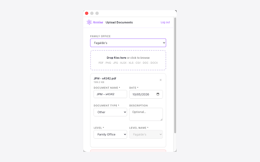 Annise Document Upload :: Upload documents to your family office directly from your browser.