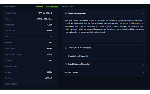 PropScreener - Multifamily Deal Screener :: Analyze LoopNet and Crexi listings instantly with AI. Get a verdict and AI Deal Coach in 60 seconds.