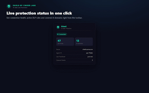 Shield by Cinder Labs :: Prevent sensitive data leaks to AI. Scans text, file uploads, and images (OCR) in real time. Shadow AI detection. Enterprise DLP.