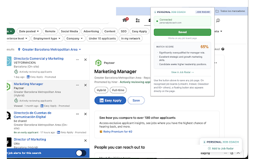 Personal Job Coach: Job Radar :: Save jobs from LinkedIn, Indeed and 60+ job boards to your Job Radar feed in one click.