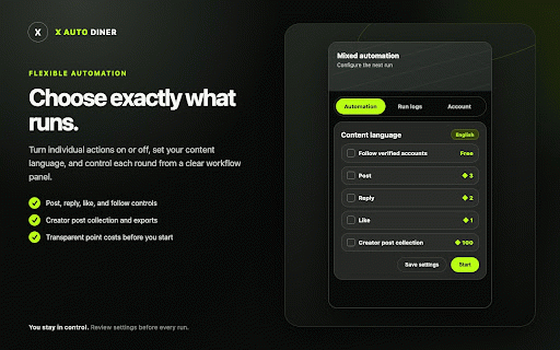 X Auto Diner :: Automate posting, replies, likes, verified-account follows, and creator post collection on X.