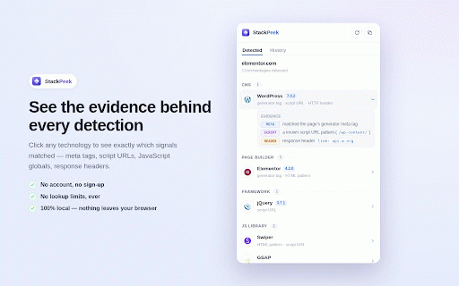 StackPeek — Website Tech Stack Detector :: See what any website is built on — CMS, frameworks, analytics, ad tech, hosting. One click. No account, no limits. 100% local.