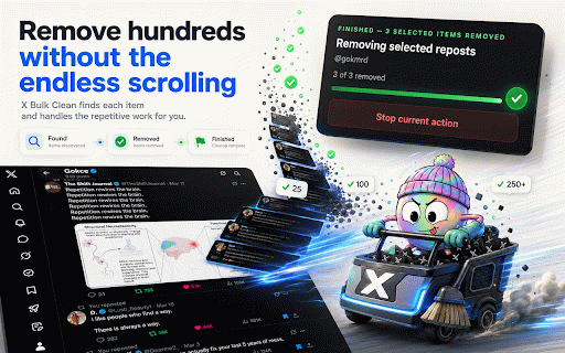 X Bulk Clean :: Free bulk cleanup tools for X. Delete posts/replies, remove likes/reposts, manage follows, and export CSV backups locally.