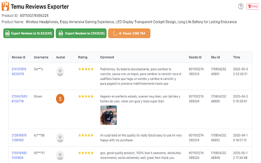 Temu Reviews Exporter :: Export and download Temu product reviews to CSV/XLSX with one click.