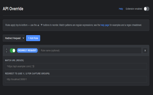 API Override :: Redirect requests, rewrite URLs, and mock API responses with a configurable rule list.