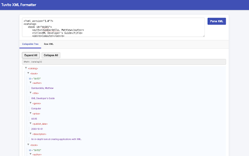 Tuvito XML Formatter :: Paste or type XML, then view a collapsible, color-coded tree and clickable raw XML panel with sleek styling.