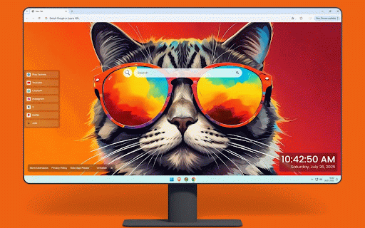 Cool Cat in Colorful Sunglasses Live Wallpaper :: Stylish tabby cat wearing vibrant rainbow sunglasses against warm orange gradient background.