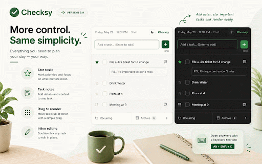 Checksy :: A minimal daily to-do with archiving, recurring tasks, notes, priority, and dark mode.