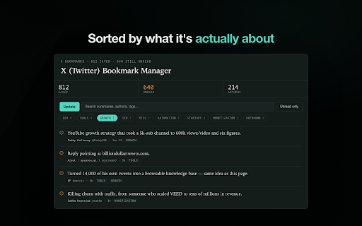 X (Twitter) Bookmark Manager :: Export, categorize, and actually read your saved X (Twitter) bookmarks. AI-tagged reading list, stored locally, bring your own key.