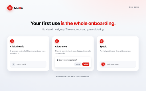 MicOn · Voice typing on every website :: Free voice dictation: a mic button on every field. Write by voice everywhere. No account, no limits, no servers.